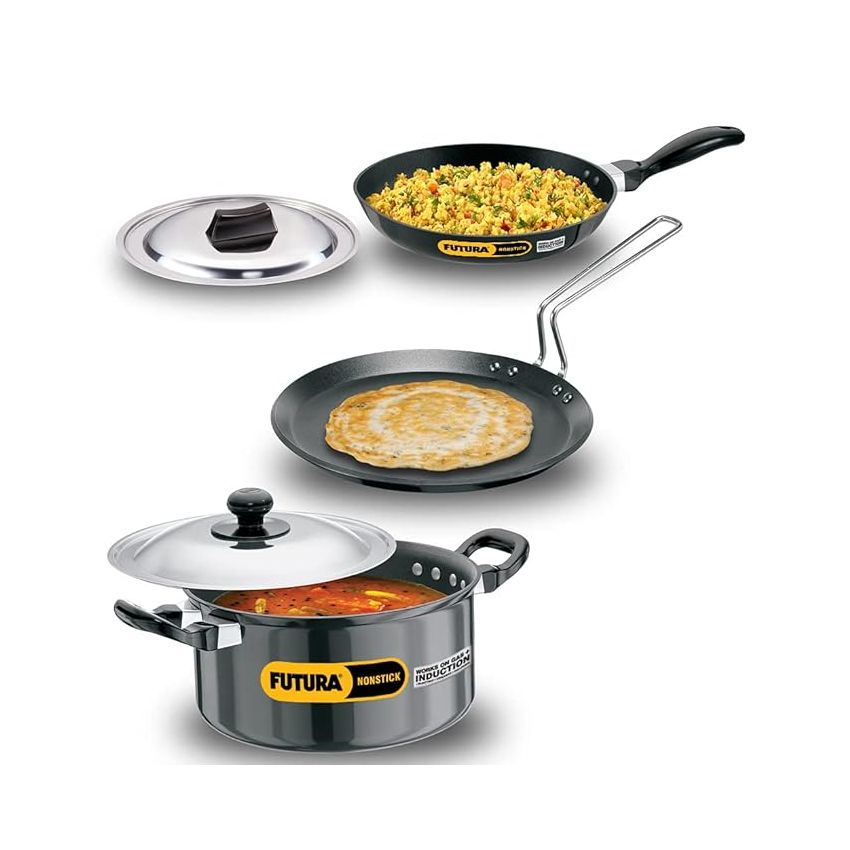 Hawkins Futura 3 Pieces Cookware Set 1, Induction Cookware Set - Non Stick Frying Pan, Flat Tava and Cook-n-Serve Stewpot with One Stainless Steel Lid, Black (INSET1)