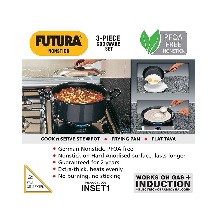 Hawkins Futura 3 Pieces Cookware Set 1, Induction Cookware Set - Non Stick Frying Pan, Flat Tava and Cook-n-Serve Stewpot with One Stainless Steel Lid, Black (INSET1)