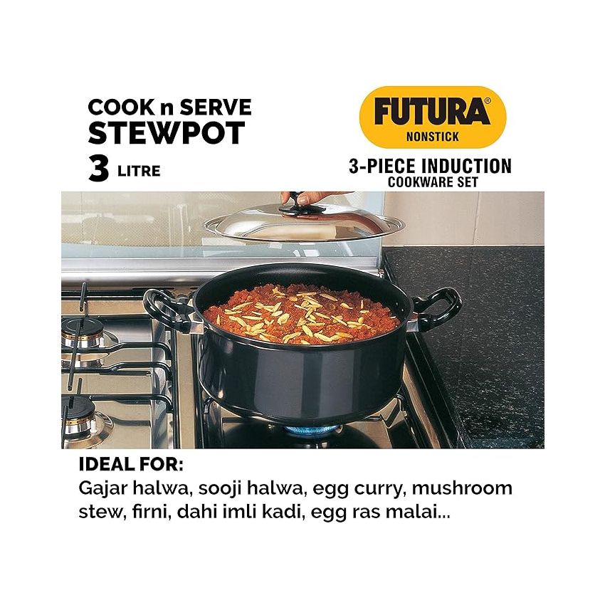 Hawkins Futura 3 Pieces Cookware Set 1, Induction Cookware Set - Non Stick Frying Pan, Flat Tava and Cook-n-Serve Stewpot with One Stainless Steel Lid, Black (INSET1)