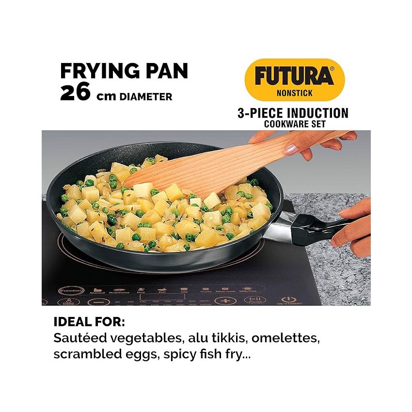 Hawkins Futura 3 Pieces Cookware Set 1, Induction Cookware Set - Non Stick Frying Pan, Flat Tava and Cook-n-Serve Stewpot with One Stainless Steel Lid, Black (INSET1)