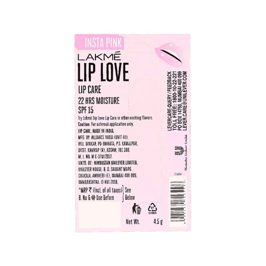 LAKMÉ Lip Love Spf 15 Lip Balm For Soft, Smooth, And Moisturised Lips, 4.5Gm-Insta Pink,1 Count