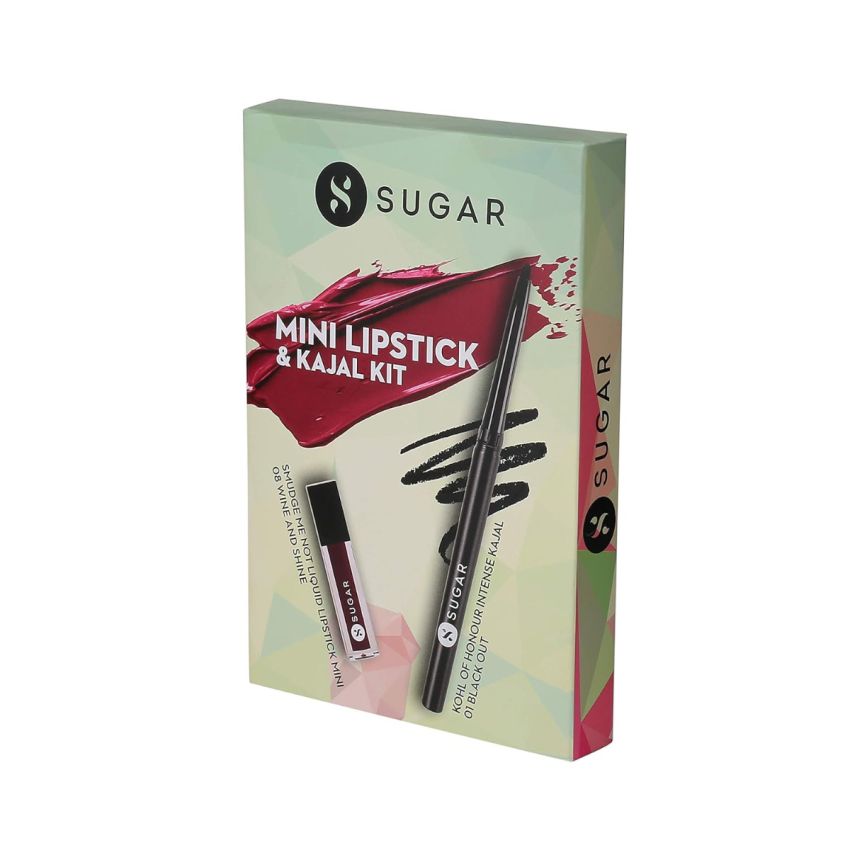 SUGAR Cosmetics Kohl Of Honour Intense Kajal, 01 Black Out (Black) and Smudge Me Not Liquid Mini Lipstick - 08 Wine and Shine