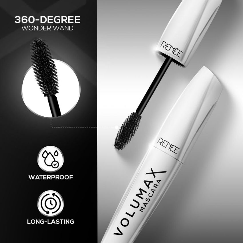 RENEE Volumax Mascara Black 10ml | Quick Dry, Waterproof, Long Lasting Weightless Formula | Volumizes, Lengthens & Conditions the Lashes With Intense Color | 360 - Degree Wand for Clump Free Application