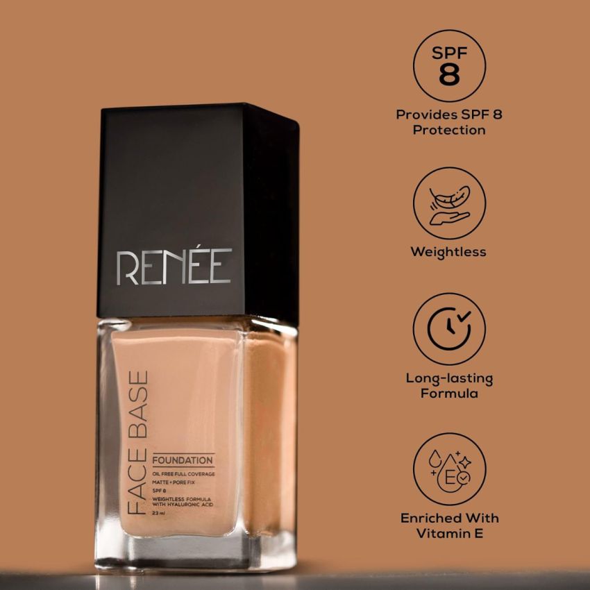 RENEE Face Base Liquid Foundation - Irish Cream, 23ml | Enriched with Hyaluronic Acid & Vitamin E, Provides SPF 8 Protection, Weightless, Long-lasting Matte Finish
