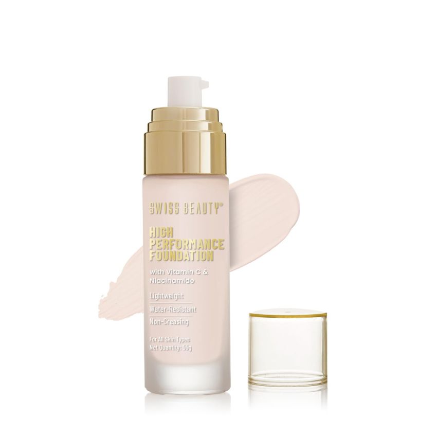SWISS BEAUTY High Performance Liquid Dewy Foundation For All Skin Type | Water-Resistant | Medium To Buildable Coverage | Lightweight | Easy To Blend | With Vitamin C & Niacinamide | White Ivory, 55G