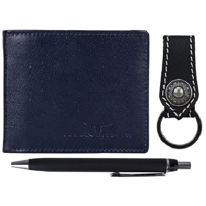 URBAN FOREST James Leather Wallet Combo for Men - Classic Blue Men's Leather Wallet, Keyring & Pen Combo Gift Set for Men