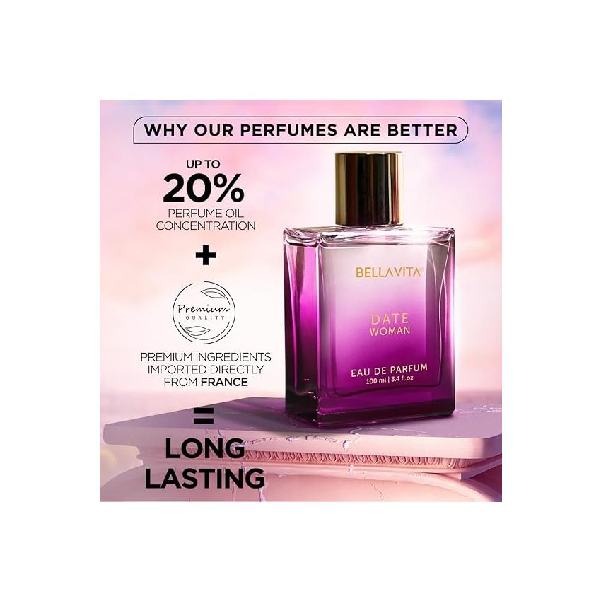 Bella Vita Luxury Date Woman Eau De Parfum Perfume with Pink Pepper, Jasmine & Vanilla|Premium, Long Lasting Floral & Fruity Fragrance for Women, 100ML