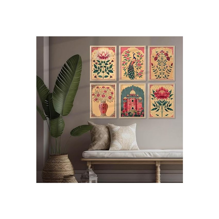 kotart Polystyrene-Painting For Wall Decoration Frames|Traditional Indian Art Pichwai Wall Décor Paintings|Traditional Wall Poster With Frames Set Of 6 (10X13 Inch, K)