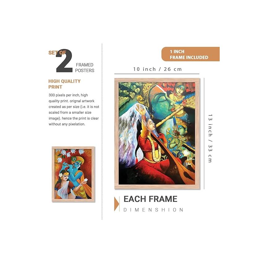 kotart Radha Krishna Digital Painting with Frame for Home Decoration - Traditional Painting for Living Room Bedroom Office Room Wall Decor - Pack of 2 (Medium, Modern Art Painting, Design05)