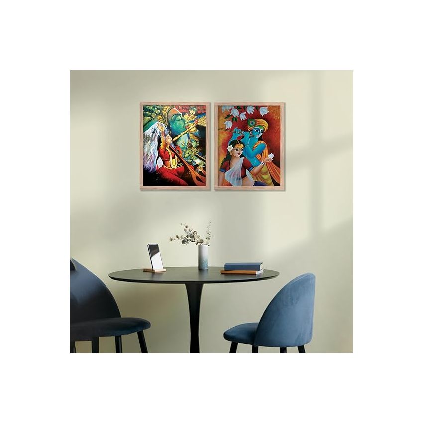 kotart Radha Krishna Digital Painting with Frame for Home Decoration - Traditional Painting for Living Room Bedroom Office Room Wall Decor - Pack of 2 (Medium, Modern Art Painting, Design05)