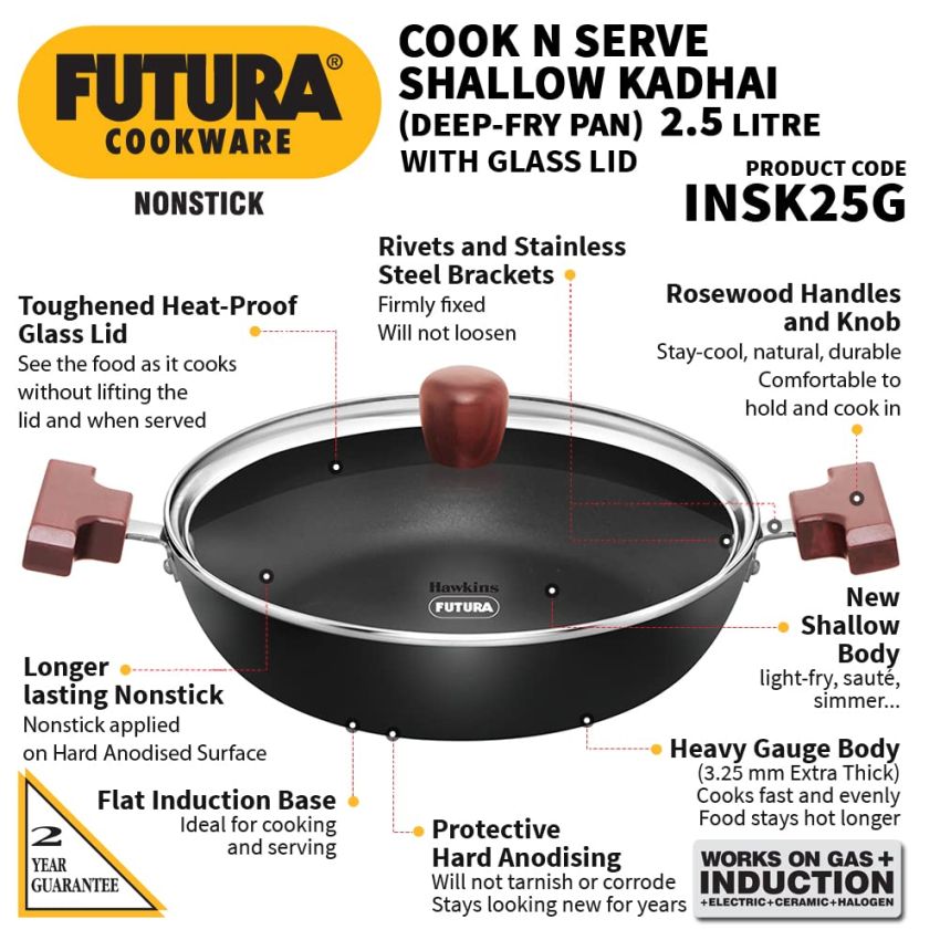 Hawkins Futura 2.5 Litre Shallow Kadhai, Nonstick Kadai with Glass Lid, Flat Bottom Induction Kadhai, Deep Fry Pan, Black (INSK25G)