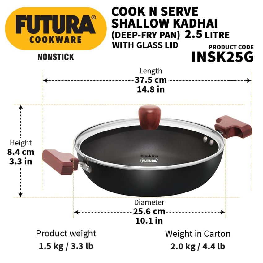 Hawkins Futura 2.5 Litre Shallow Kadhai, Nonstick Kadai with Glass Lid, Flat Bottom Induction Kadhai, Deep Fry Pan, Black (INSK25G)