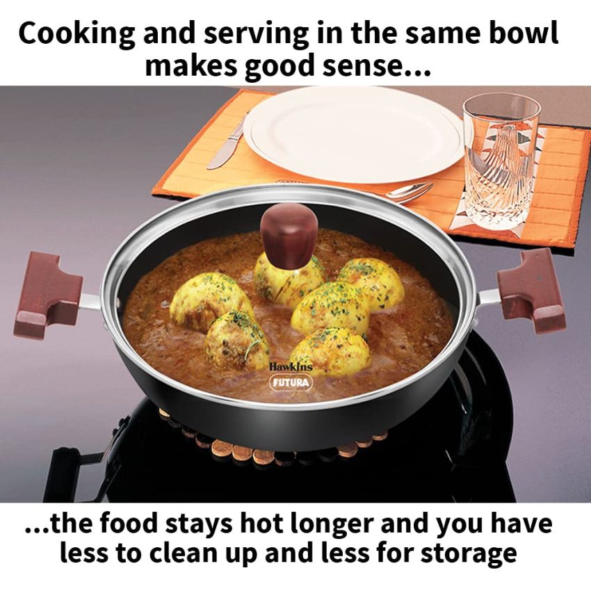 Hawkins Futura 2.5 Litre Shallow Kadhai, Nonstick Kadai with Glass Lid, Flat Bottom Induction Kadhai, Deep Fry Pan, Black (INSK25G)