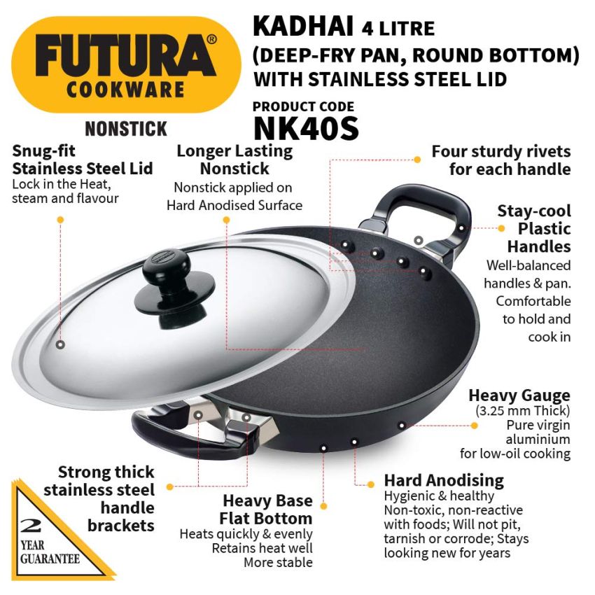 Hawkins Futura Nonstick Deep-Fry Pan (Kadhai, Round Bottom) with Stainless Steel Lid, Capacity 4 Litre, Diameter 30 cm, Thickness 3.25 mm, Black (NK40S)