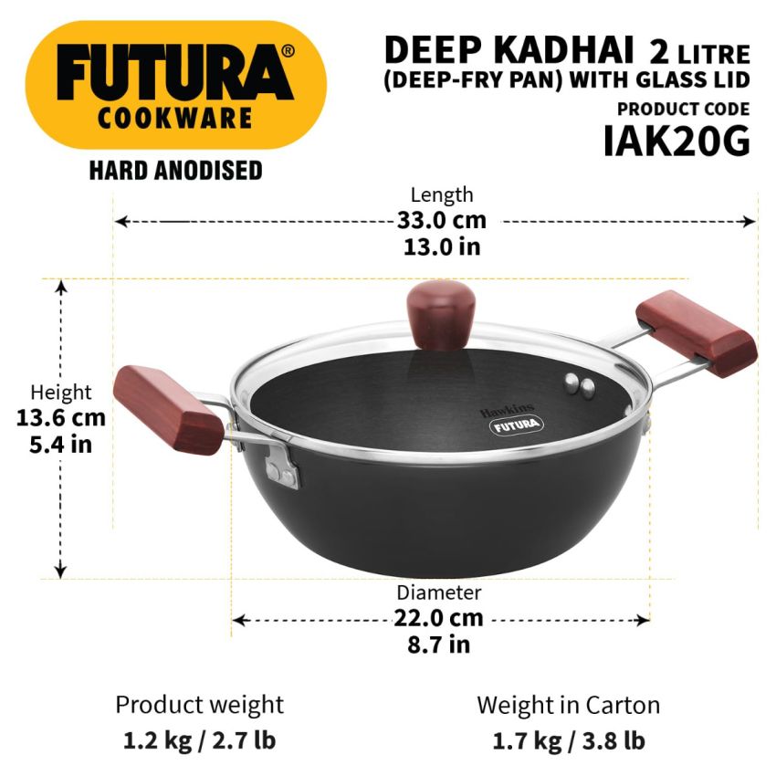 Hawkins Futura 2 Litre Deep Kadhai, Induction Deep Fry Pan, Hard Anodised Kadai with Glass Lid, Black (IAK20G)