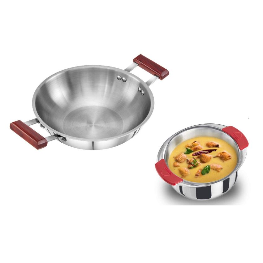 Hawkins Tri-Ply Stainless Steel Kadhai (Deep-Fry Pan) and Patila/Cook-n-Serve Combo (2, 4 L Deep Kadai with Lid + 2 L Patila)