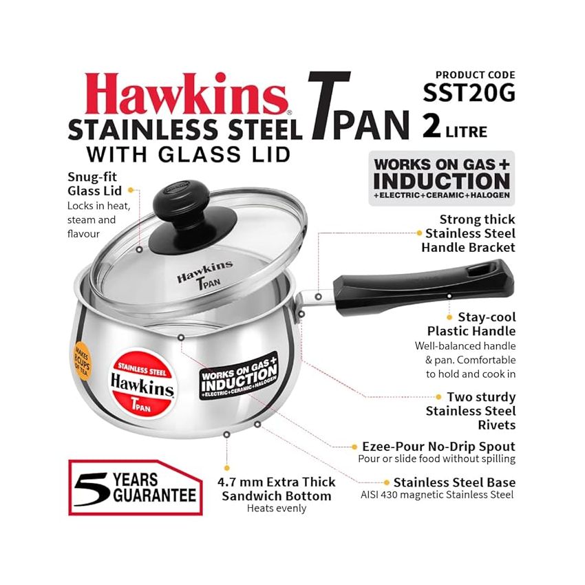 Hawkins 2 Litre Tpan, Stainless Steel Tea Pan with Glass Lid, Induction Sauce Pan, Chai Pan, Saucepan, Silver (SST20G)