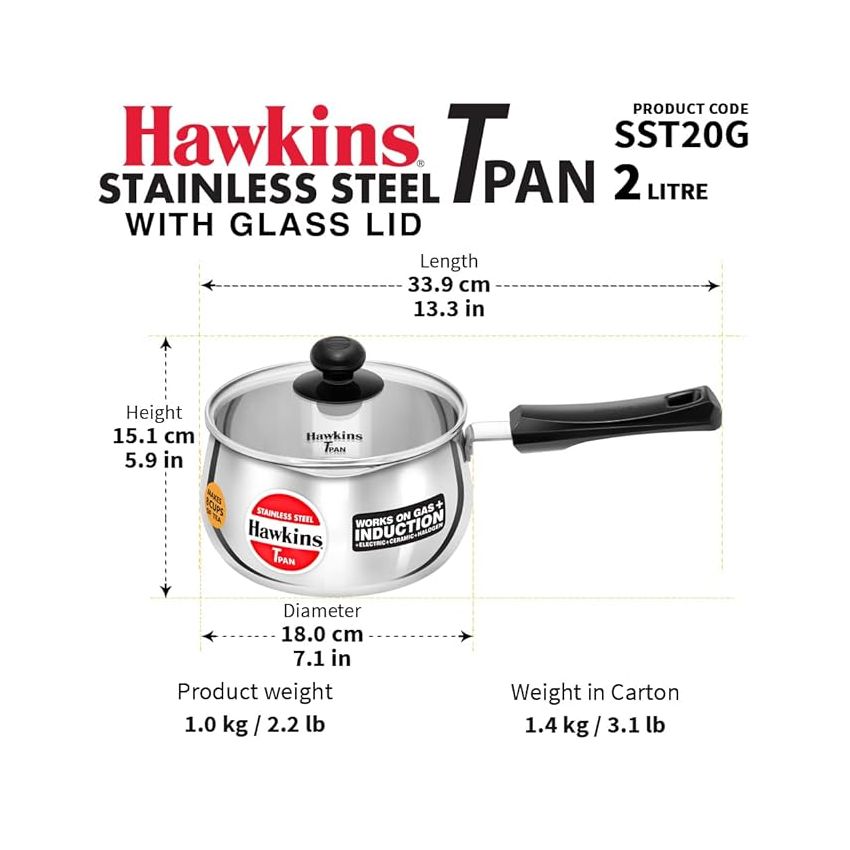 Hawkins 2 Litre Tpan, Stainless Steel Tea Pan with Glass Lid, Induction Sauce Pan, Chai Pan, Saucepan, Silver (SST20G)