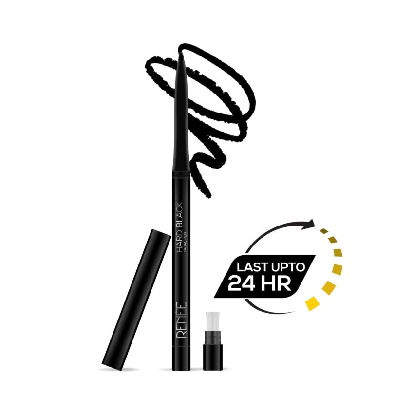 RENEE Hard Black Kajal Pen with Sharpener | 24 Hrs Stay Long Lasting Super Black Kajal Pencil 0.35gm, Matte Finish, Rich Color Payoff, Smudge & Water Proof with One Swipe Application Formula