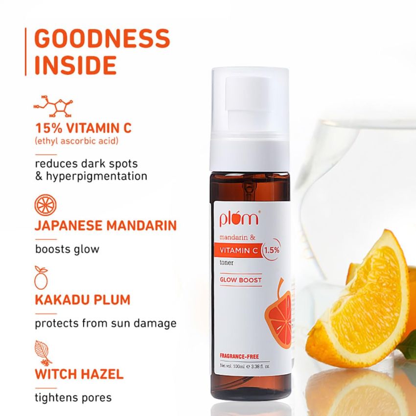 Plum Vitamin C Toner with Mandarin & Kakadu | Alcohol-free Toner | For Glowing Skin | Fragrance-Free | For All Skin Types | Women & Men | 100% Vegan | 100 ml