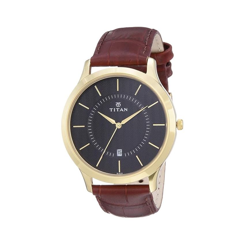 Titan Quartz Analog with Date Black Dial Leather Strap Watch for Men-NS1825YL01/NT1825YL01