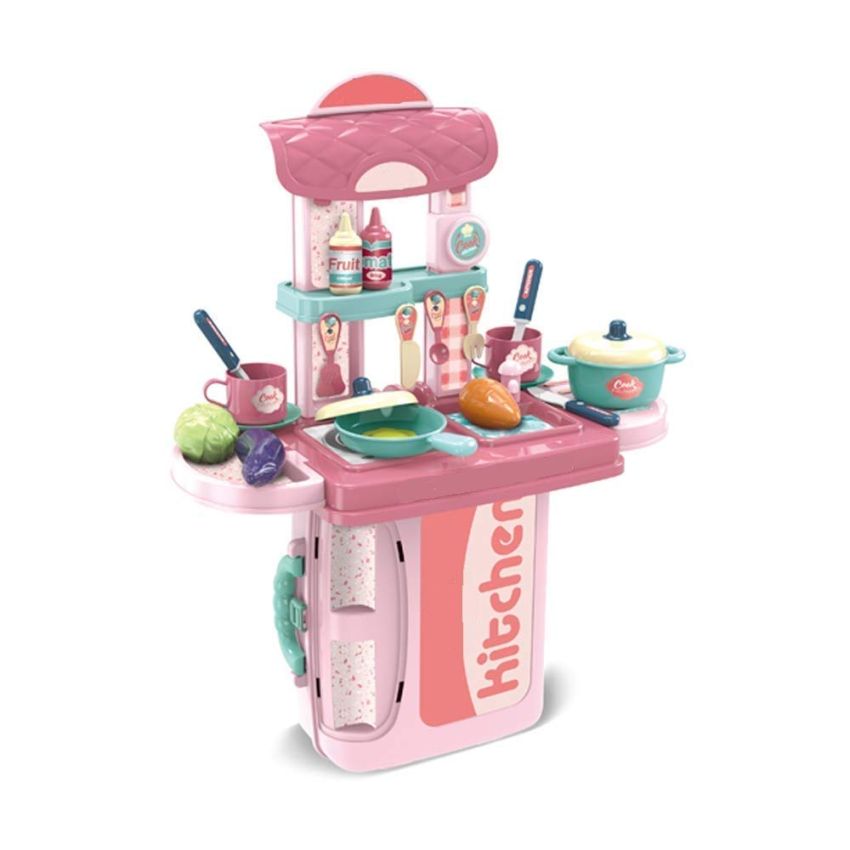 Cable World Plastic 3 in 1 Portable Pretend Food Party Role Cooking Kitchen Play Set Toy for Boys and Girls - Pink