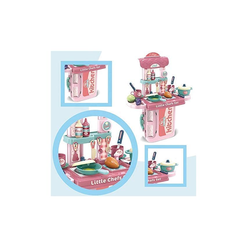 Cable World Plastic 3 in 1 Portable Pretend Food Party Role Cooking Kitchen Play Set Toy for Boys and Girls - Pink