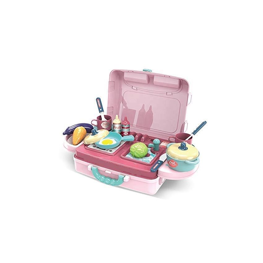 Cable World Plastic 3 in 1 Portable Pretend Food Party Role Cooking Kitchen Play Set Toy for Boys and Girls - Pink