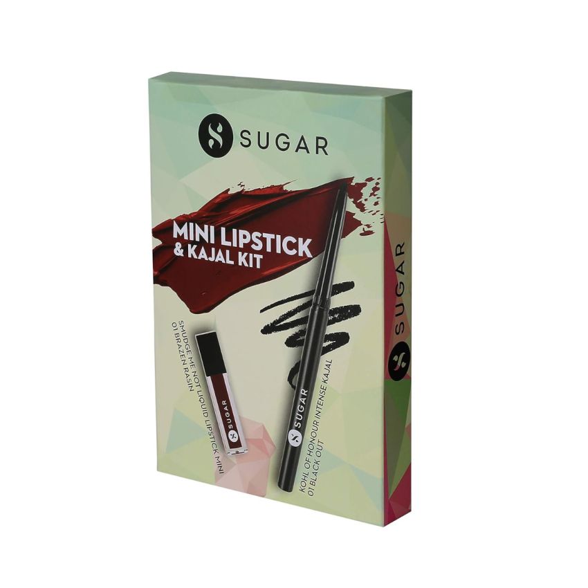 SUGAR Cosmetics Kohl Of Honour Intense Kajal, 01 Black Out (Black) and Smudge Me Not Liquid Mini Lipstick - 01 Brazen Raisin