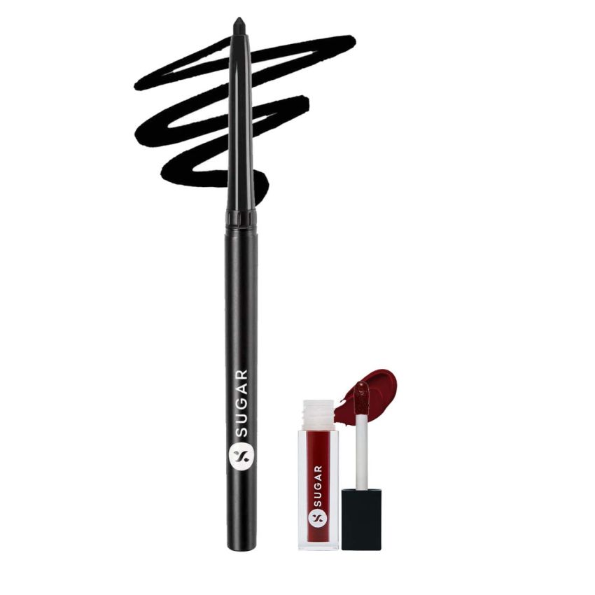 SUGAR Cosmetics Kohl Of Honour Intense Kajal, 01 Black Out (Black) and Smudge Me Not Liquid Mini Lipstick - 01 Brazen Raisin