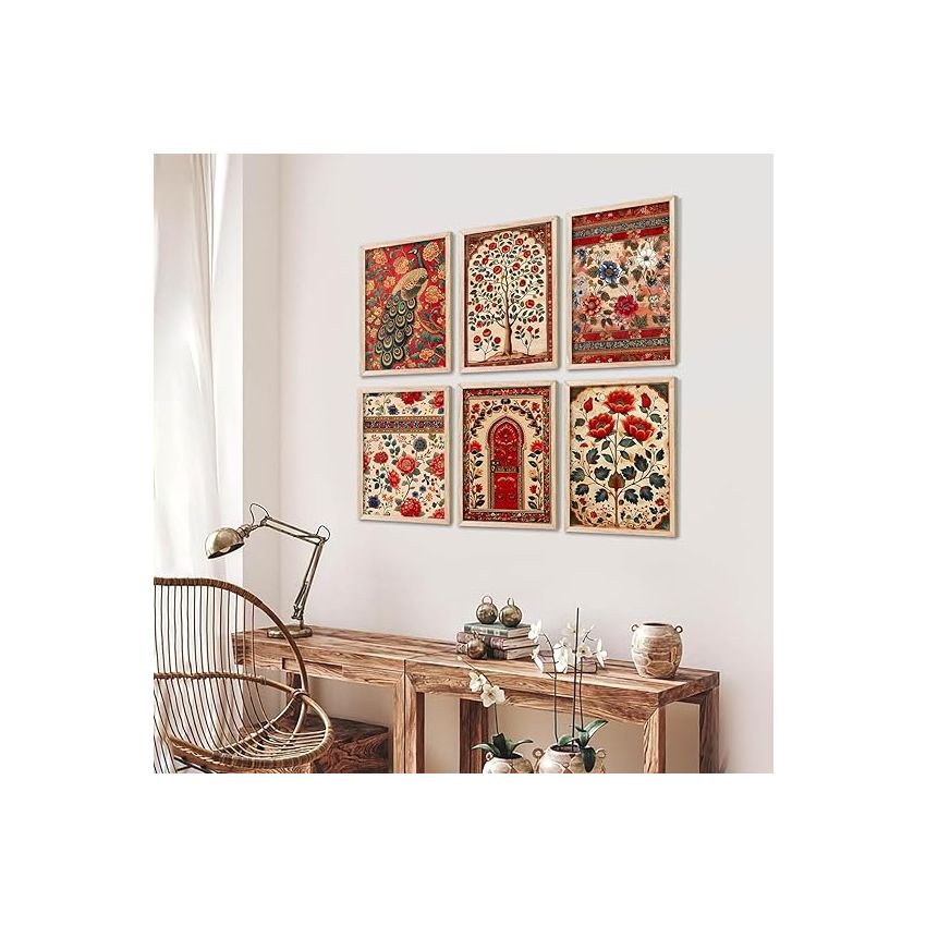 kotart Traditional Indian Art Pichwai Wall Décor Paintings|Painting for Wall Decoration|Madhubani Art Painting with Frame for Living Room |Traditional Wall Poster with frames set of 6 (10x13 inch, L)