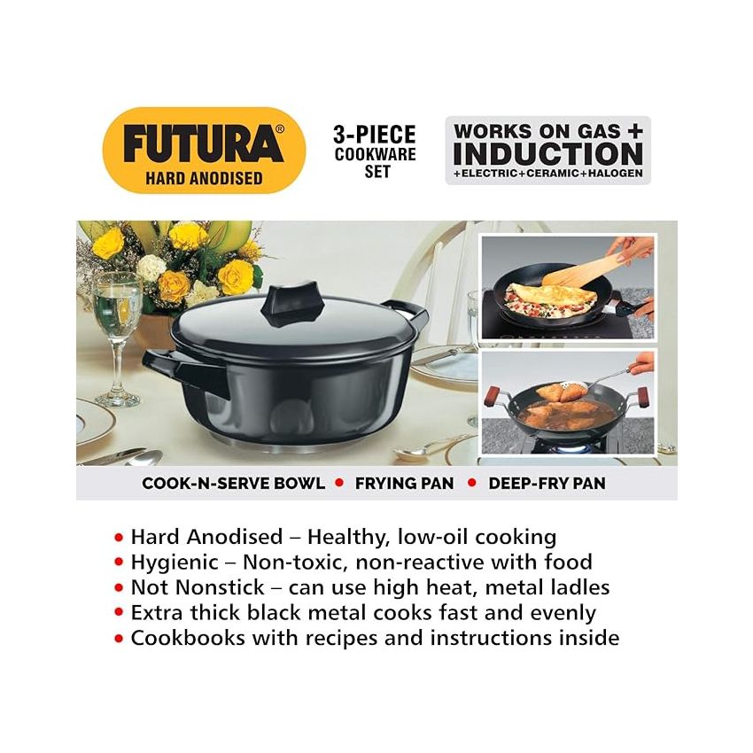 Hawkins Aluminium Futura 3 Pieces Cookware Set 1, Induction Cookware Set - Hard Anodised Frying Pan, Kadhai And Cook-N-Serve Bowl With One Hard Anodised Lid, Black (Iaset1)