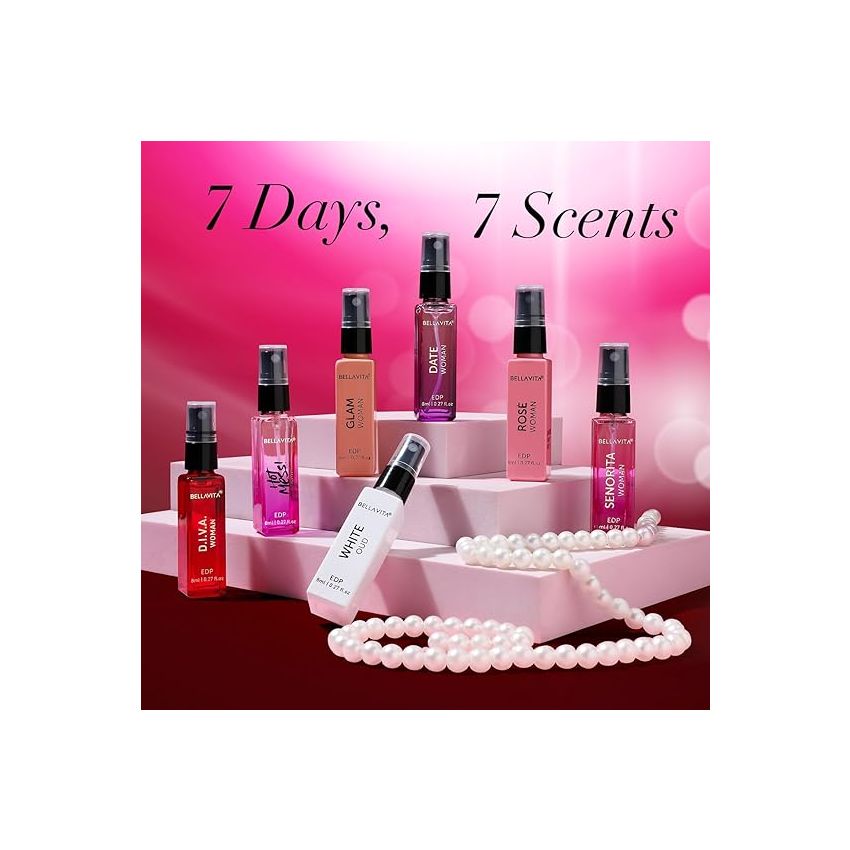 BELLAVITA Discovery Gift Set 7x8ML Eau De Parfum Perfume for Women with Floral, Fresh & Fruity Long Lasting EDP Fragrance Scent