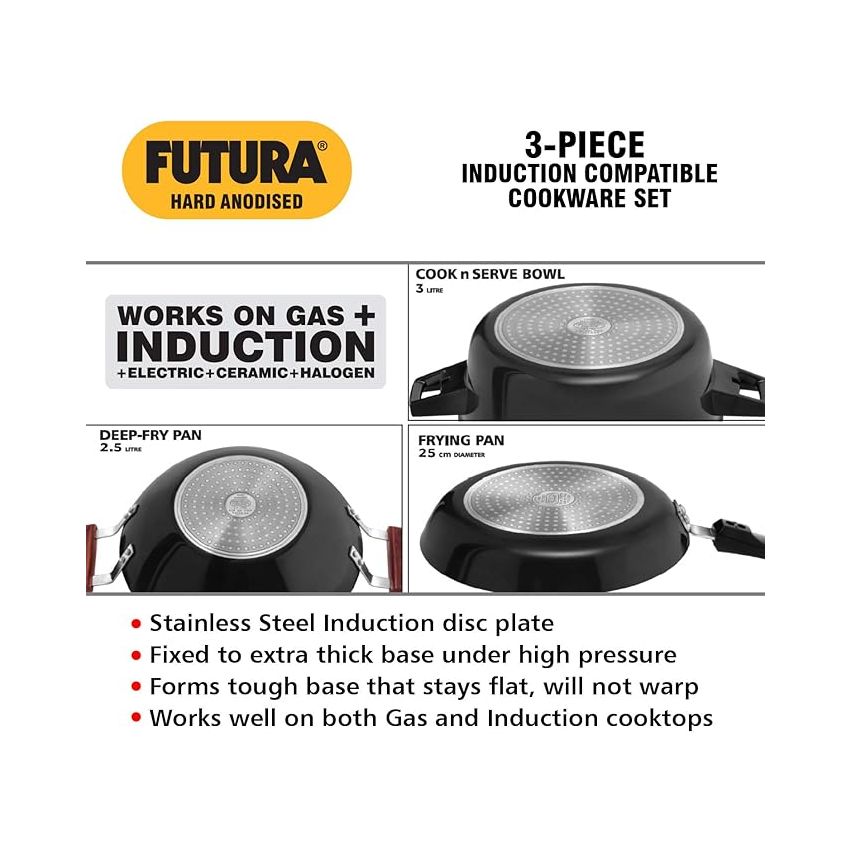 Hawkins Aluminium Futura 3 Pieces Cookware Set 1, Induction Cookware Set - Hard Anodised Frying Pan, Kadhai And Cook-N-Serve Bowl With One Hard Anodised Lid, Black (Iaset1)