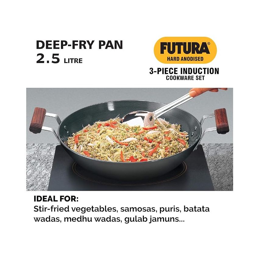 Hawkins Aluminium Futura 3 Pieces Cookware Set 1, Induction Cookware Set - Hard Anodised Frying Pan, Kadhai And Cook-N-Serve Bowl With One Hard Anodised Lid, Black (Iaset1)