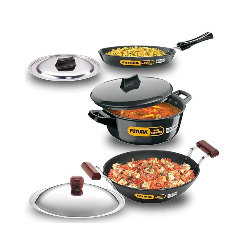 Hawkins Aluminium Futura 3 Pieces Cookware Set 1, Induction Cookware Set - Hard Anodised Frying Pan, Kadhai And Cook-N-Serve Bowl With One Hard Anodised Lid, Black (Iaset1)