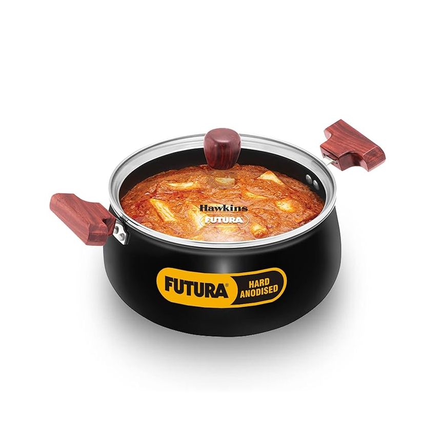 Hawkins Futura 4 Litre Non-Stick Cook in Serve Handi, Hard Anodised Biryani Handi with Glass Lid, Induction Saucepan, Sauce Pan, Black (Iach40G)