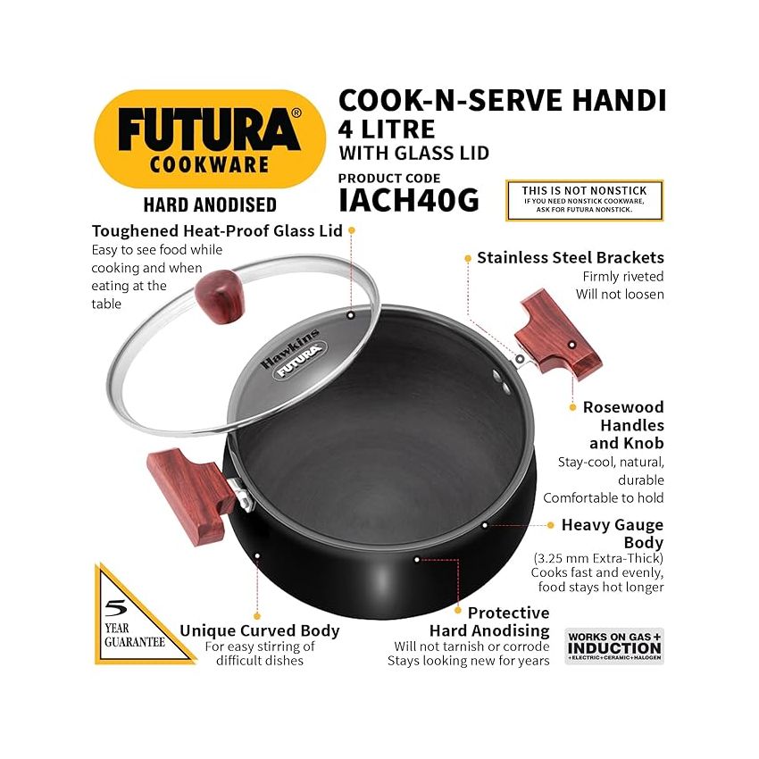 Hawkins Futura 4 Litre Non-Stick Cook in Serve Handi, Hard Anodised Biryani Handi with Glass Lid, Induction Saucepan, Sauce Pan, Black (Iach40G)