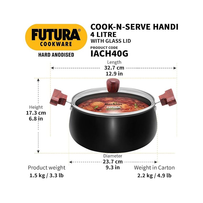 Hawkins Futura 4 Litre Non-Stick Cook in Serve Handi, Hard Anodised Biryani Handi with Glass Lid, Induction Saucepan, Sauce Pan, Black (Iach40G)