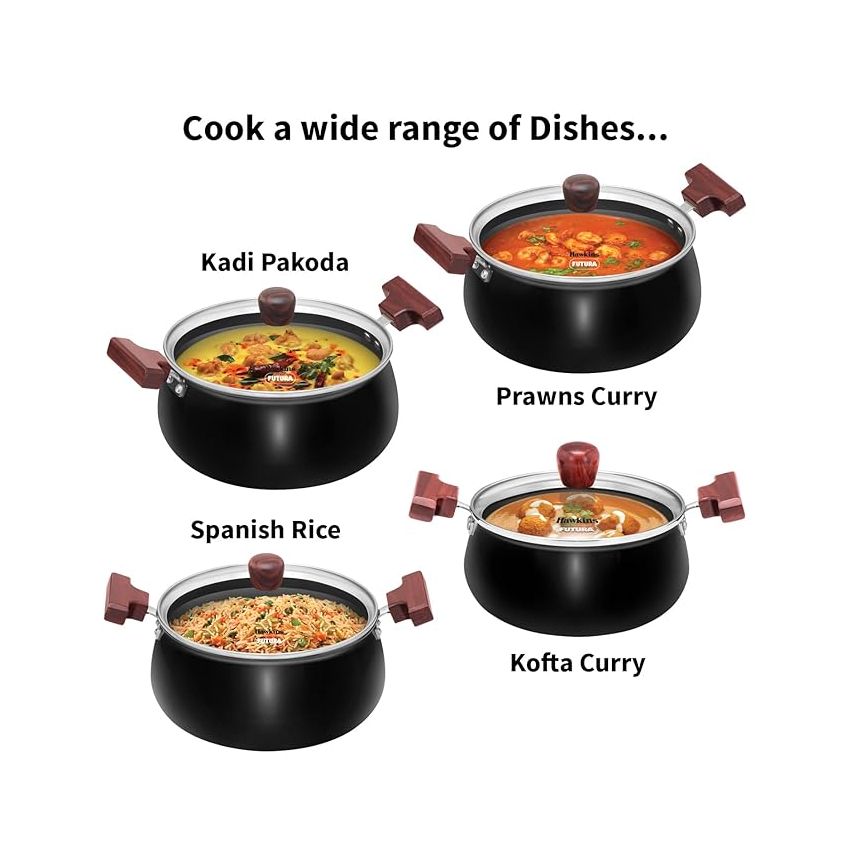 Hawkins Futura 4 Litre Non-Stick Cook in Serve Handi, Hard Anodised Biryani Handi with Glass Lid, Induction Saucepan, Sauce Pan, Black (Iach40G)