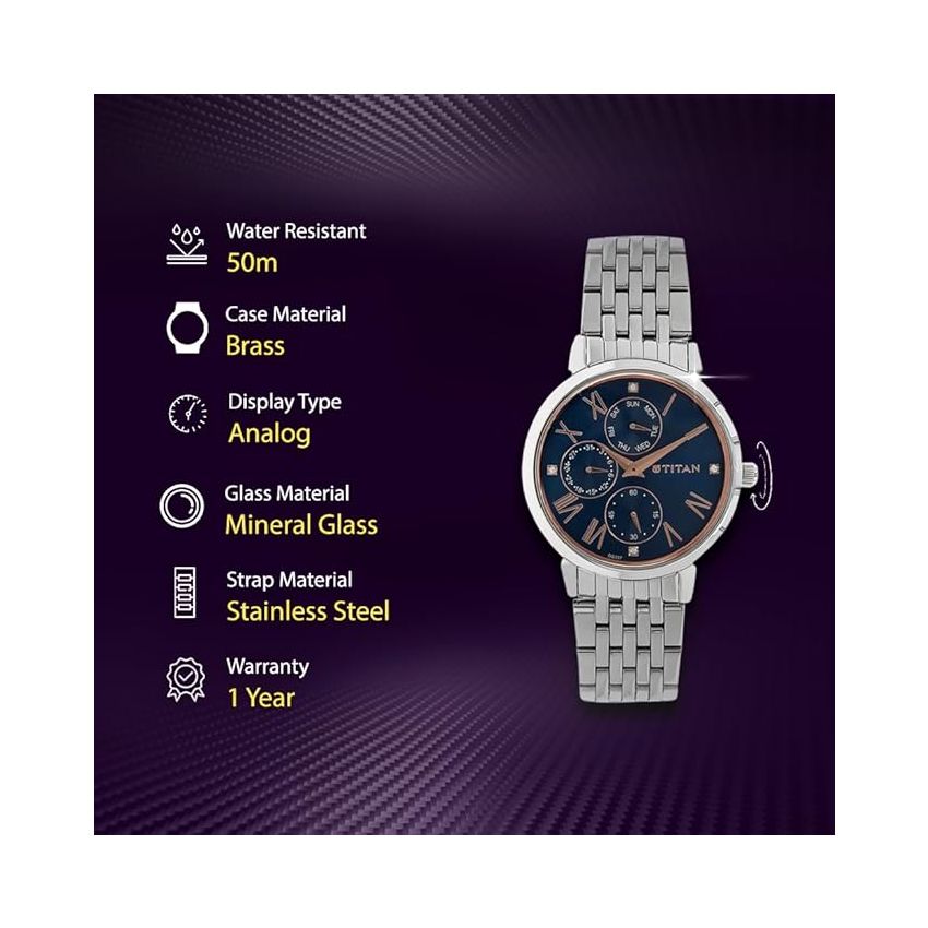 Titan Workwear Blue Dial Women Analog Watch With Stainless Steel Strap-NS2569SM01