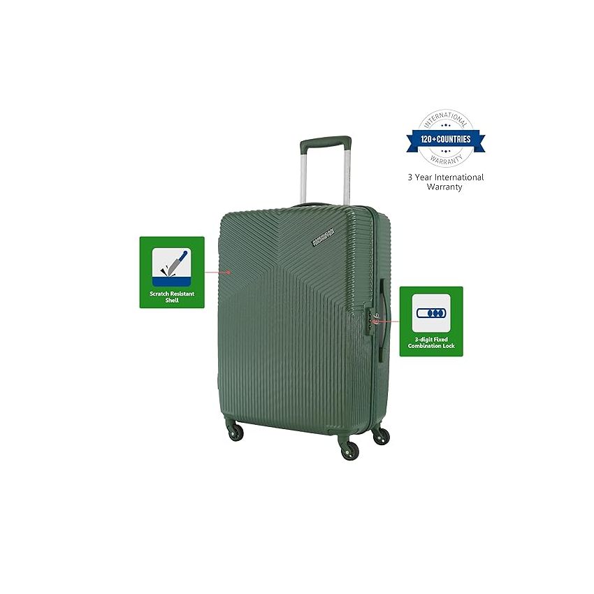 American Tourister Polycarbonate (Pc) Georgia Spinner Suitcase 79 Cm Large Forest Green Check-in Hard 4 Wheels Luggage.