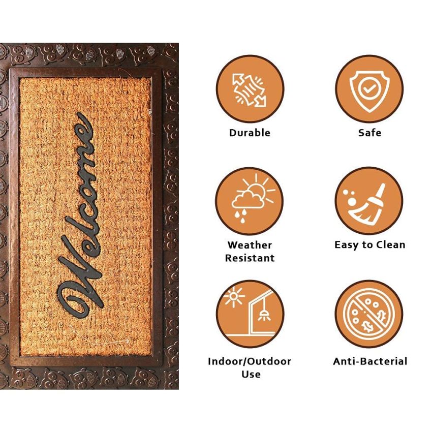 Onlymat Welcome Printed Natural Coir Rubber Doormat with Modern Decorative Designed Border Long-Lasting, Heavy Duty, Large and Thick for Indoor (75cm x 45cm, Brown and Beige)
