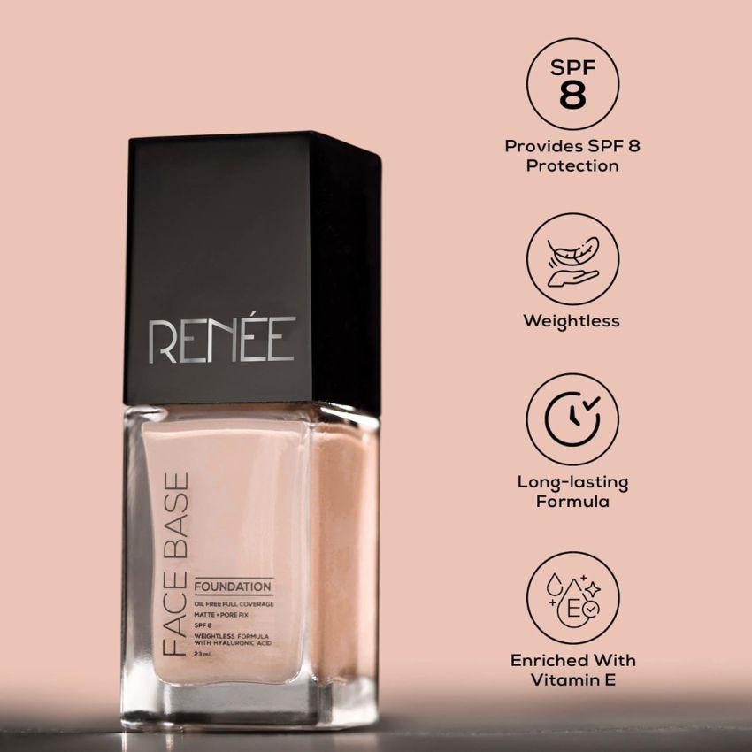RENEE Face Base Liquid Foundation - Creamy Latte, 23ml | Enriched with Hyaluronic Acid & Vitamin E, Provides SPF 8 Protection, Weightless, Long-lasting Matte Finish