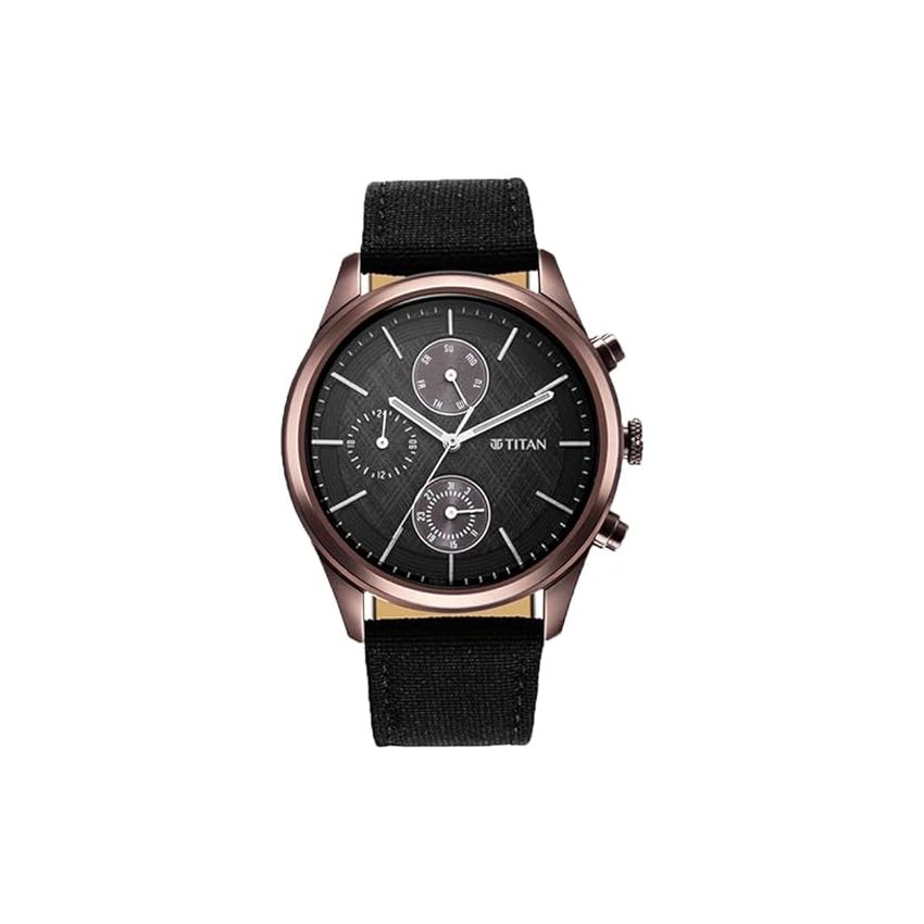 Titan Men's Infinity Chrono Analog Watch: Precise Blue Dial, Rose Gold Highlights, Durable Leather Strap-NS1805QP01