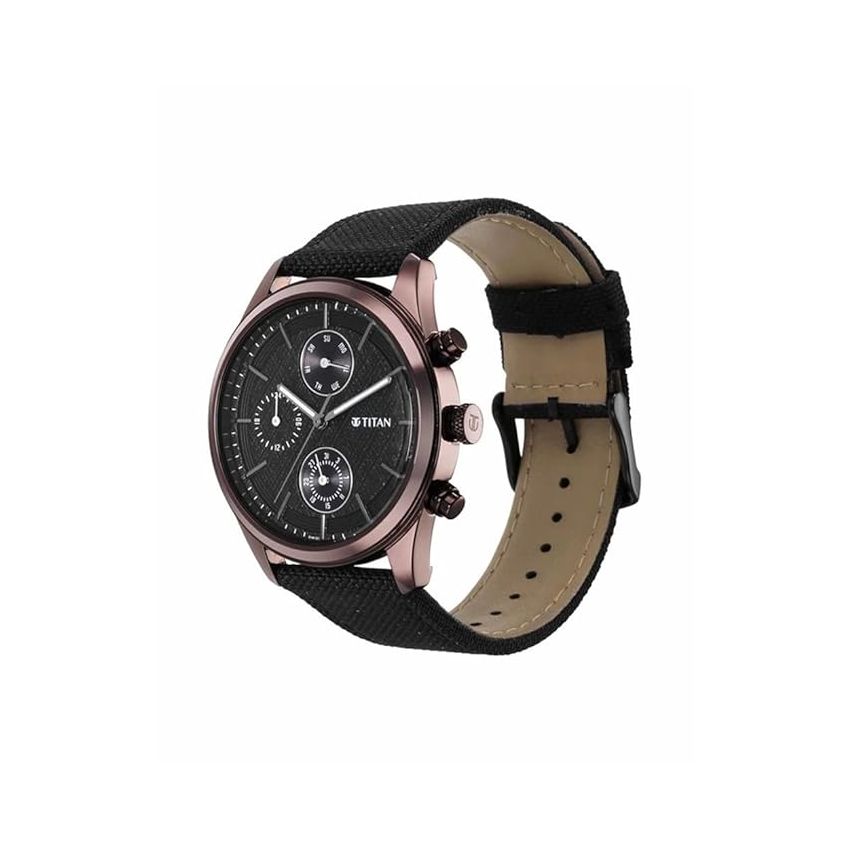 Titan Men's Infinity Chrono Analog Watch: Precise Blue Dial, Rose Gold Highlights, Durable Leather Strap-NS1805QP01