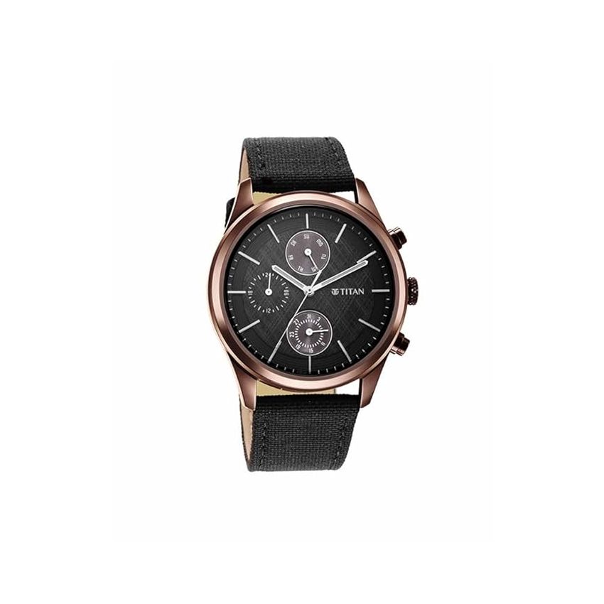 Titan Men's Infinity Chrono Analog Watch: Precise Blue Dial, Rose Gold Highlights, Durable Leather Strap-NS1805QP01