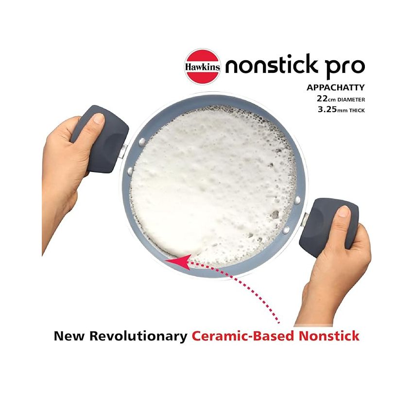 Hawkins Nonstick Pro 0.9 Litre Appachatty, Mini Kadhai, Appachatti, Appachetty, Appam Pot Maker, Deep Fry Pan with Glass Lid, Granite Kadai