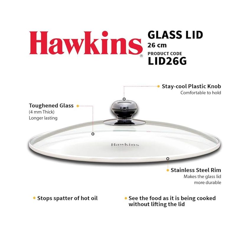 Hawkins 26 cm Glass Lid, Toughened Glass Lid with Stainless Steel Rim, Pan Lid, Transparent (LID26G)