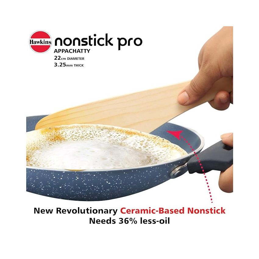 Hawkins Nonstick Pro 0.9 Litre Appachatty, Mini Kadhai, Appachatti, Appachetty, Appam Pot Maker, Deep Fry Pan with Glass Lid, Granite Kadai